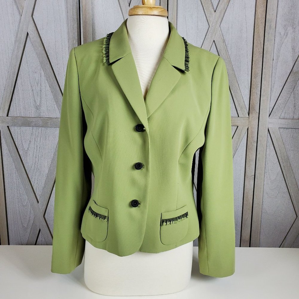 Tahari ASL Fully Lined Lime Green Ruffled Blazer With Small Front Pockets Sz 14